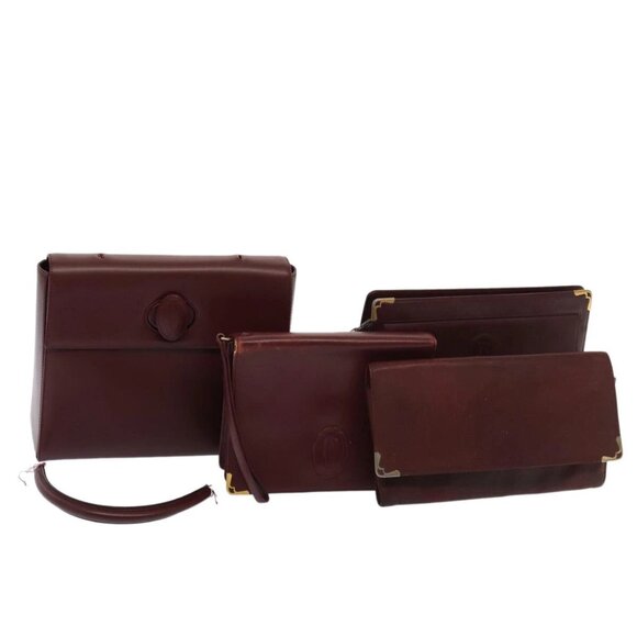 CARTIER Clutch Bag Leather 4Set Wine Red Auth - Picture 1 of 15
